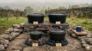 A demonstration of how to arrange charcoal briquettes on the lid and underneath a Dutch oven for camping to ensure even heat distribution while baking outdoors.