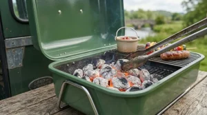 Close-up of hot charcoal briquettes inside a green small portable bbq positioned on a rustic wooden picnic bench.