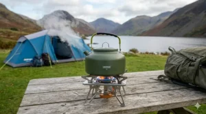 A portable single-burner camping gas hob with a whistling kettle boiling water for tea.