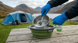 Washing up budget camping cookware in a collapsible silicone bowl at a UK caravan park.