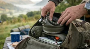 A space-saving collapsible whistling kettle for camping being packed into a hiking rucksack for a wild camping trip.