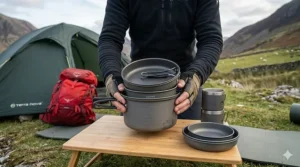 A close-up of a person’s hands demonstrating how the 2-person camping pots and pans nest together for easy storage in a rucksack.