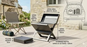 An technical illustration showing the open and folded dimensions of a portable BBQ in centimetres, including a diagram of it stored in a car boot.