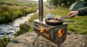 Alt text for image 4: A cast iron frying pan with sausages and bacon cooking on top of a wood burning camping stove by a stream in the Lake District.