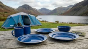 Classic blue enamel mugs and plates, a durable and cheap camping cookware option for families.