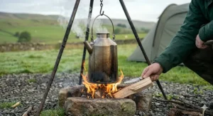 A rugged stainless steel kettle blackened by soot hanging from a metal tripod over a stone-lined fire pit at a UK camping spot.