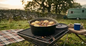 A hearty British beef and ale stew with suet dumplings simmering inside a seasoned cast iron Dutch oven over a slow-burning campfire.