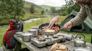 Someone using a biodegradable sponge and eco-friendly soap to clean a stainless steel camping pot at a wooden picnic table.