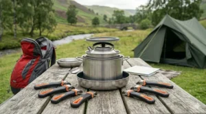 A large 5-litre camping pot simmering a hearty stew over a double-burner gas hob during a family camping trip.