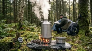 A Kelly Kettle emitting steam in a forest setting, demonstrating why it is the best Kelly Kettle for a quick brew.