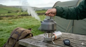 A high-efficiency camping kettle with a heat-exchanger base boiling quickly on a compact gas stove, featuring a stopwatch to highlight fast boiling times.