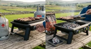 A photorealistic comparison of a high-quality gas camping grill and traditional charcoal, featuring Cumberland sausages and burgers cooking over a steady blue flame.