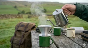 A stainless steel gooseneck kettle being used to precision-pour hot water into a coffee dripper over a green enamel mug on a weathered picnic table.