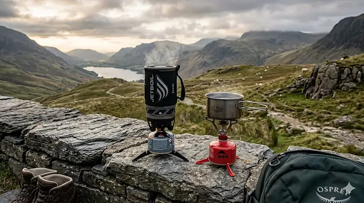 A Jetboil Flash and MSR PocketRocket stove side-by-side on a stone wall in the Lake District, showcasing the two best backpacking stoves for UK hikers. Jetboil vs MSR backpacking stove