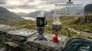 A comparison chart showing the rapid boil times of a Jetboil integrated system versus an MSR stove in windy British weather conditions.