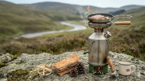 Using a Kelly Kettle hob attachment to cook a meal while boiling water simultaneously.