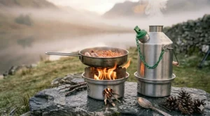 A Kelly Kettle with a pot support and pan on top, cooking a meal while boiling water.