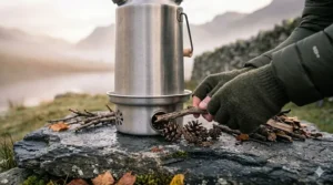 Close-up of a hiker feeding dry twigs and pinecones into a Kelly Kettle fire base.