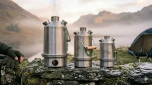 The Trekker, Scout, and Base Camp Kelly Kettle models lined up for size comparison.