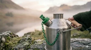 Detailed view of the green whistle stopper and wooden handle on a Kelly Kettle.