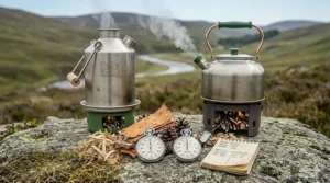 A boiling time comparison showing how quickly a Kelly Kettle whistles compared to a Ghillie Kettle.