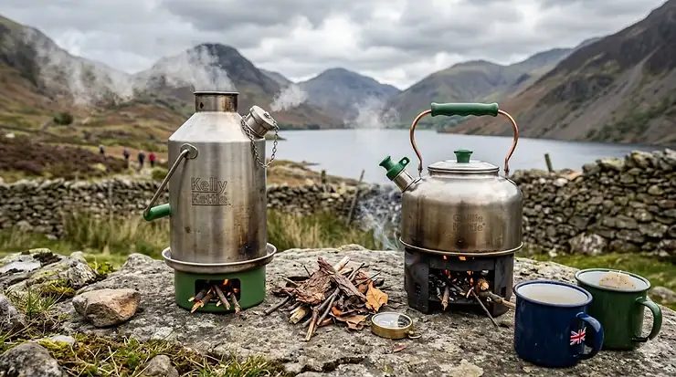 A side-by-side comparison of a Kelly Kettle and a Ghillie Kettle boiling water outdoors in the British countryside. Kelly Kettle vs Ghillie Kettle