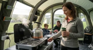 A large stainless steel kettle boiling on a double-burner gas hob inside a large family tent, with a family playing cards at a camping table in the background.