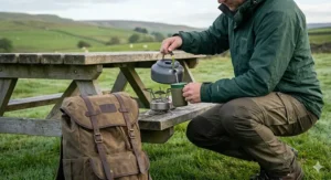A hiker in a green waterproof jacket pours water from a lightweight hard-anodised aluminium kettle into a travel mug at a wooden picnic bench in the British countryside.