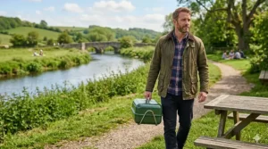 A man in a waxed cotton jacket carrying a lightweight small portable bbq by its handle along a riverside path.