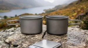 A photorealistic field comparison of two backpacking cookware pots on a Highland rock: a hard-anodised aluminium pot compared side-by-side with an identical-sized lightweight titanium pot to show material differences.