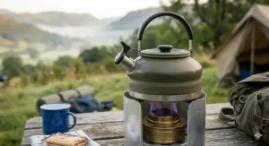Small lightweight whistling kettle for camping sitting atop a spirit burner stove in a woodland setting.
