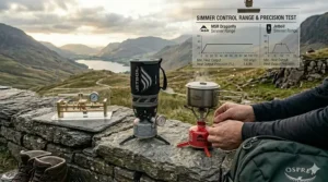 A person adjusting the flame on an MSR stove to simmer a meal, compared to the high-power boiling focus of a standard Jetboil.