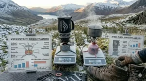 A well-used MSR multi-fuel stove and a Jetboil system, highlighting the long-term durability and maintenance for UK outdoor enthusiasts.