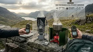 A close-up of the burner heads on an MSR WindBurner and a Jetboil, illustrating how they protect the flame during a windy wild camp.