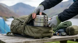 Lightweight nesting budget camping pots being packed into a hiking rucksack for a trekking trip.