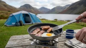 Cooking a traditional English breakfast fry-up in an affordable non-stick camping frying pan over a gas flame.