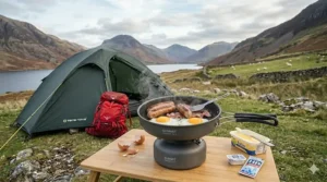 A non-stick camping frying pan being used to fry sausages and eggs for a breakfast for two at a scenic UK campsite.