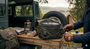 A durable, padded canvas carrying bag used for storing a Dutch oven and protecting a car boot from soot and ash during transport