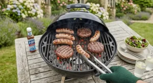 An overhead view of a portable BBQ grill rack filled with six sausages and three beef burgers to demonstrate cooking capacity for a family.