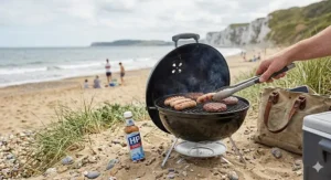A portable charcoal BBQ being used for a cookout on a sandy British beach with white cliffs and the sea in the distance.