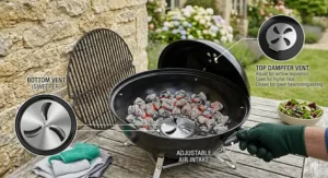 A close-up view showing the adjustable top and bottom ventilation vents on a portable charcoal BBQ for precise heat regulation.