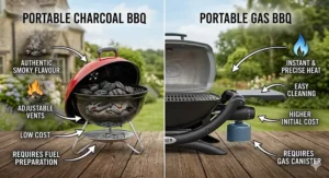 A detailed side-by-side comparison showing the features of a red portable charcoal BBQ and a modern black portable gas BBQ in a lush British garden.