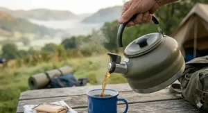 A camper pouring boiling water from a whistling kettle for camping into a blue enamel mug for a morning brew.