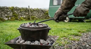 A camper using protective leather heat-resistant gloves and a long-handled lid lifter tool to safely check the food inside a hot Dutch oven.