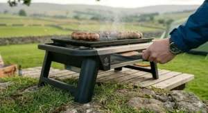 A camping grill with sturdy, non-slip legs positioned safely on uneven grassy terrain and stone, showing stability for outdoor cooking at a UK festival.
