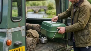 A green small portable bbq being loaded into the back of a classic off-road vehicle alongside rolled tweed picnic rugs.