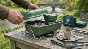 A person lifting the lid of a small portable bbq to reveal hot coals, showing the practical size for a riverside picnic.