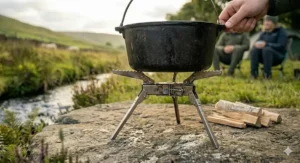 Alt text for image 7: A close-up showing the sturdy, serrated pot support system of a wood burning camping stove holding a heavy Dutch oven steady.