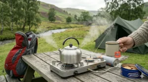 A full camping cookware set nested into a single stack with collapsible, heat-resistant handles laid out on a wooden table.