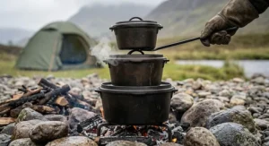 Three cast iron Dutch ovens stacked vertically over a fire pit, showing a space-saving cooking technique used at a British campsite.